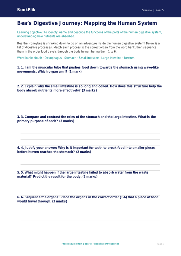 Free Digestion Activity Sheet | Year 5 Greater Depth | BookFlik worksheet preview — Science Digestion