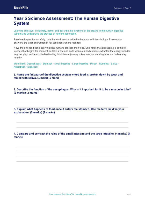 Free Digestion Assessment | Year 5 Greater Depth | BookFlik worksheet preview — Science Digestion