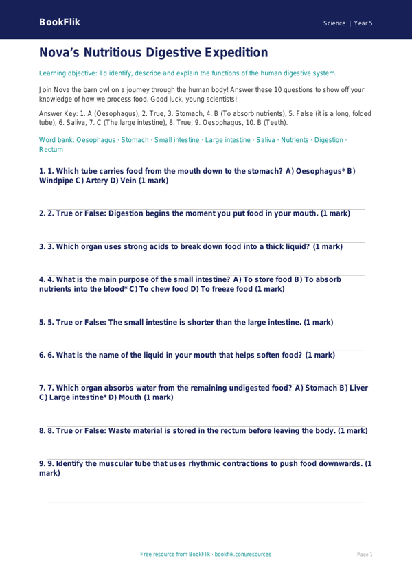Free Digestion Quiz | Year 5 Greater Depth | BookFlik worksheet preview — Science Digestion