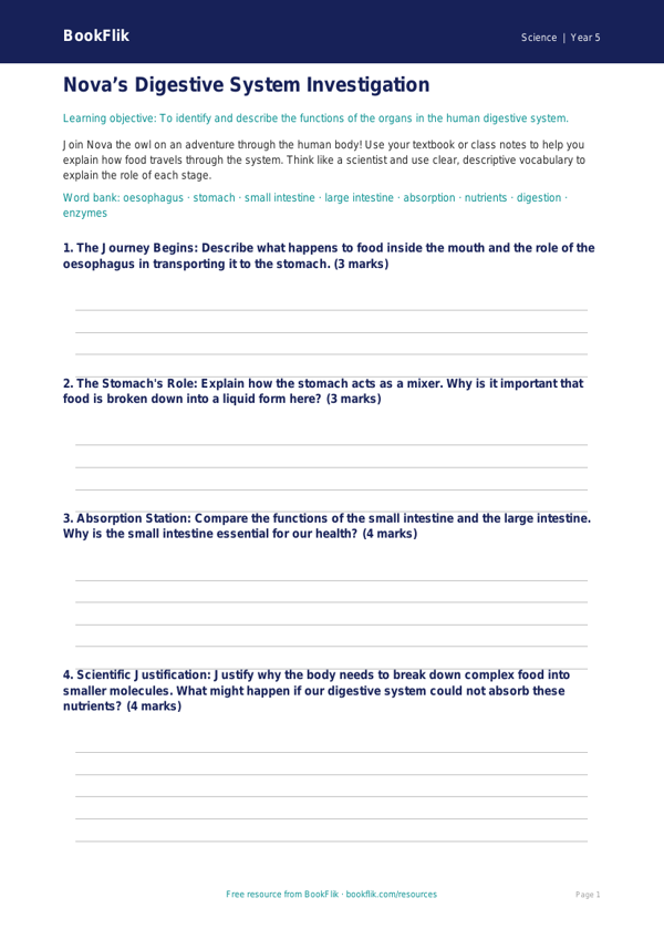 Free Digestion Template | Year 5 Greater Depth | BookFlik worksheet preview — Science Digestion