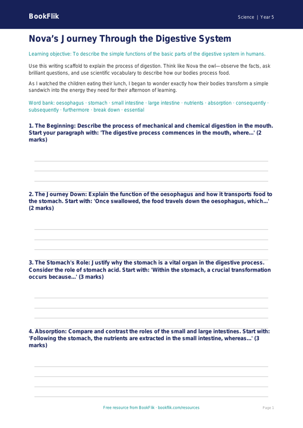 Free Digestion Writing Frame | Year 5 Greater Depth | BookFlik worksheet preview — Science Digestion