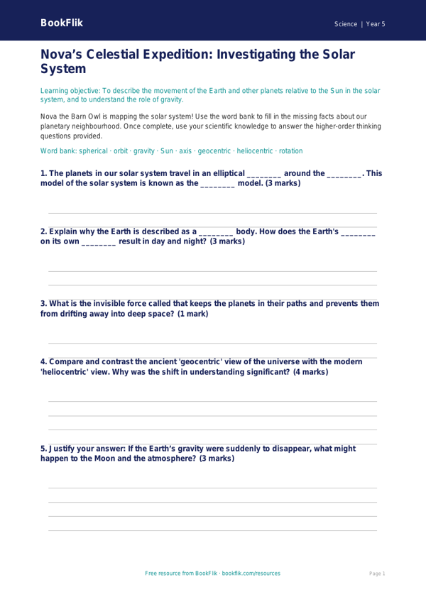 Free Earth And Space Activity Sheet | Year 5 Greater Depth | BookFlik worksheet preview — Science Earth And Space