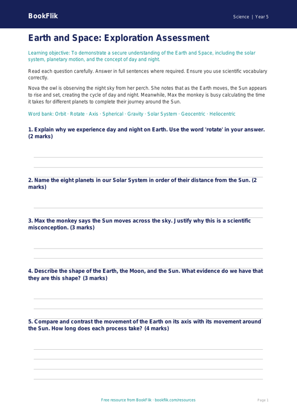 Free Earth And Space Assessment | Year 5 Greater Depth | BookFlik worksheet preview — Science Earth And Space
