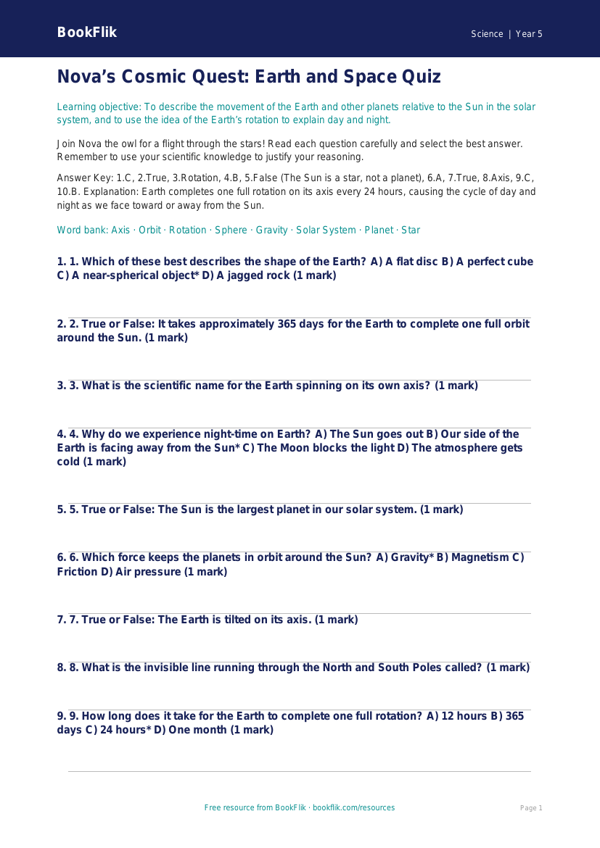 Free Earth And Space Quiz | Year 5 Greater Depth | BookFlik worksheet preview — Science Earth And Space