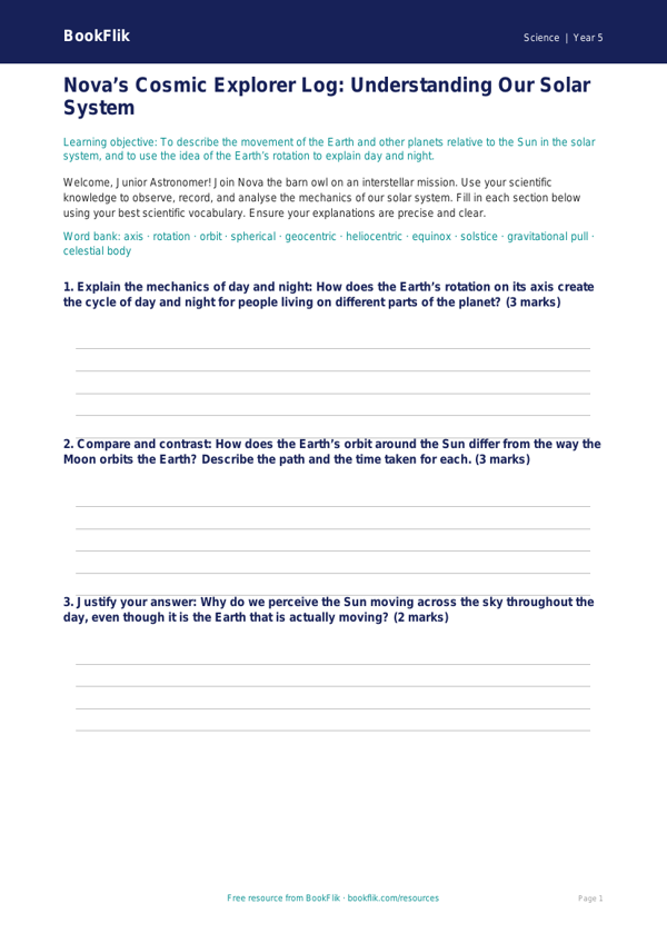 Free Earth And Space Template | Year 5 Greater Depth | BookFlik worksheet preview — Science Earth And Space