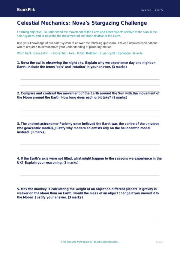 Free Earth And Space Worksheet | Year 5 Greater Depth | BookFlik worksheet preview — Science Earth And Space