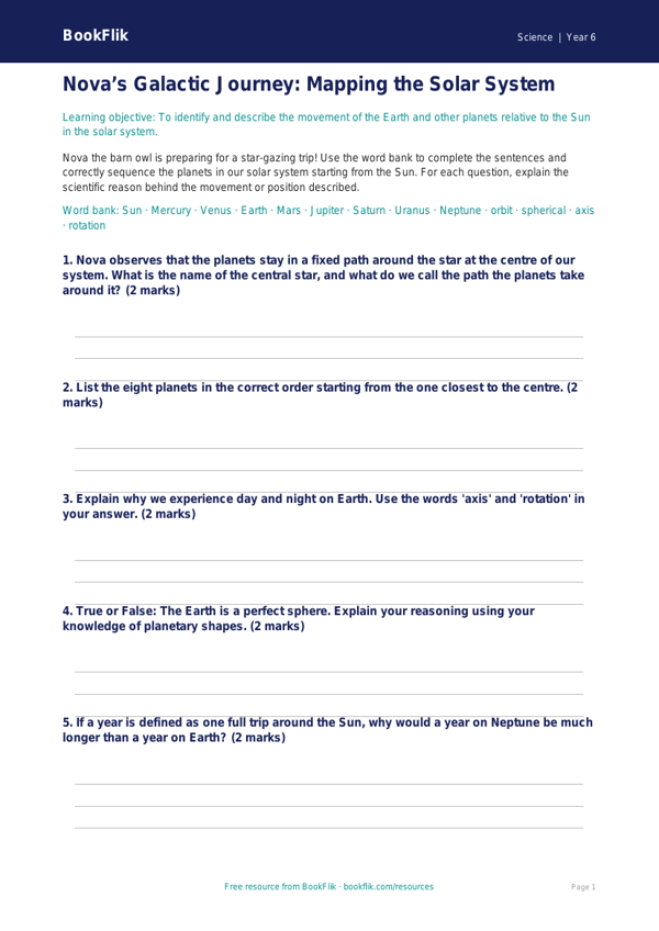Free Earth And Space Activity Sheet | Year 6 Core | BookFlik worksheet preview — Science Earth And Space