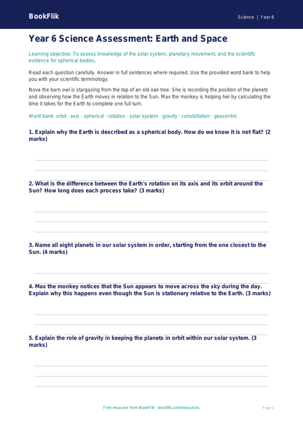 Free Earth And Space Assessment | Year 6 Core | BookFlik worksheet preview — Science Earth And Space