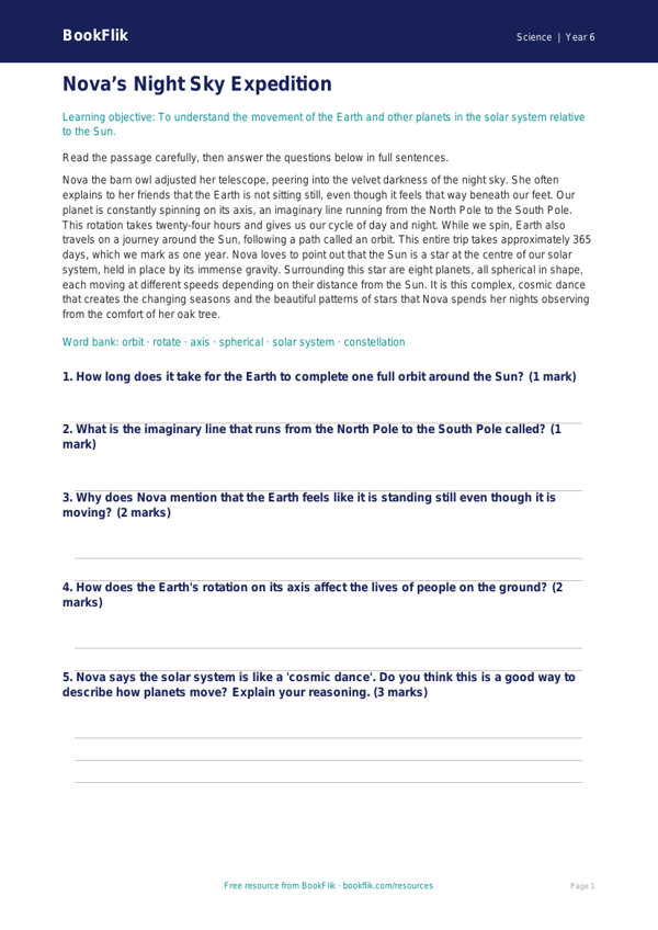 Free Earth And Space Comprehension | Year 6 Core | BookFlik worksheet preview — Science Earth And Space