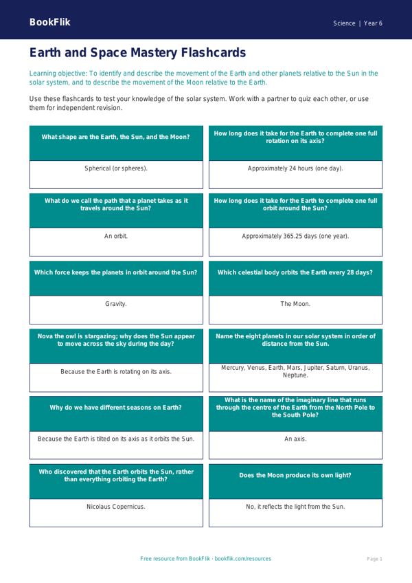 Free Earth And Space Flashcards | Year 6 Core | BookFlik worksheet preview — Science Earth And Space