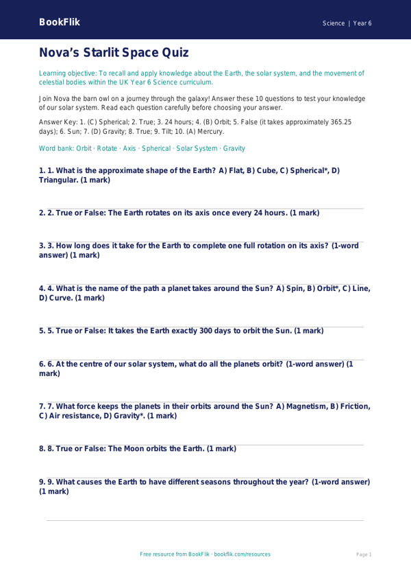 Free Earth And Space Quiz | Year 6 Core | BookFlik worksheet preview — Science Earth And Space