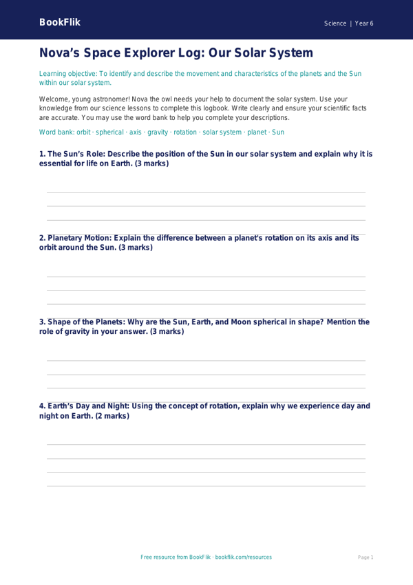 Free Earth And Space Template | Year 6 Core | BookFlik worksheet preview — Science Earth And Space