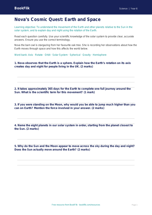 Free Earth And Space Worksheet | Year 6 Core | BookFlik worksheet preview — Science Earth And Space