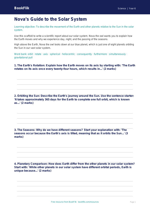 Free Earth And Space Writing Frame | Year 6 Core | BookFlik worksheet preview — Science Earth And Space