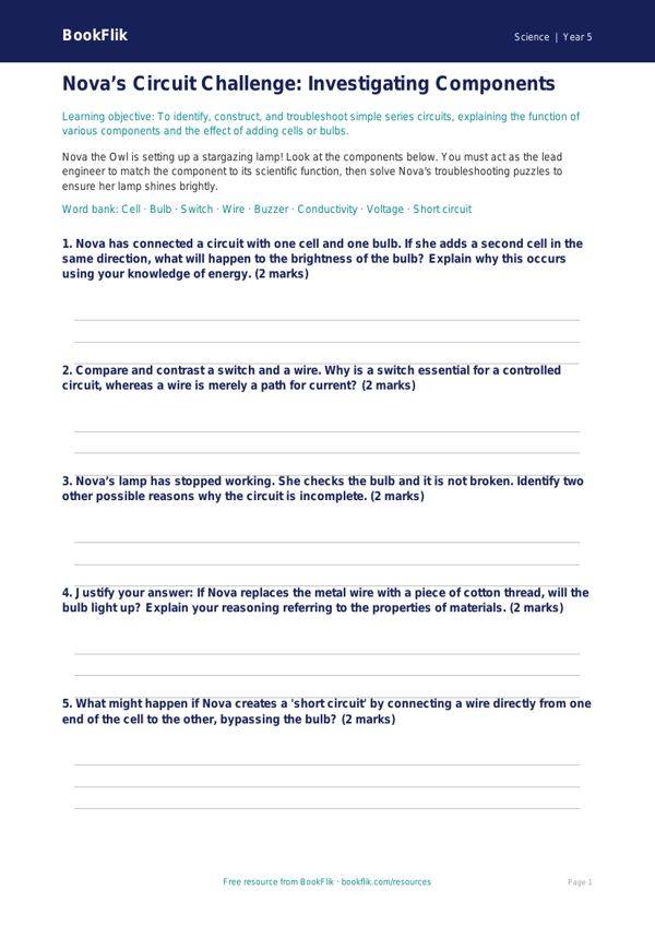 Free Electricity Activity Sheet | Year 5 Greater Depth | BookFlik worksheet preview — Science Electricity
