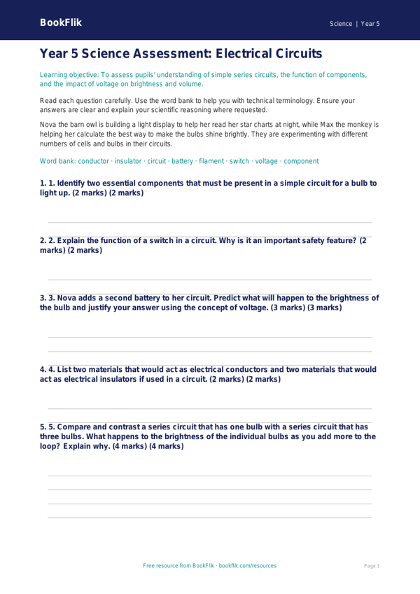 Free Electricity Assessment | Year 5 Greater Depth | BookFlik worksheet preview — Science Electricity