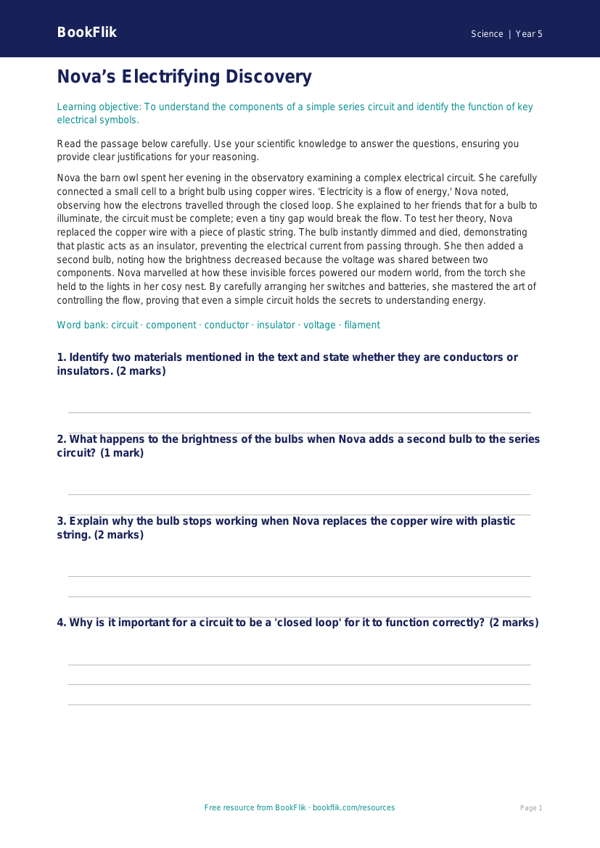 Free Electricity Comprehension | Year 5 Greater Depth | BookFlik worksheet preview — Science Electricity