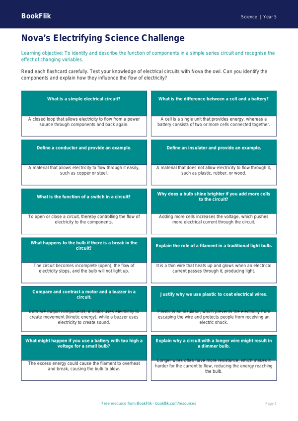 Free Electricity Flashcards | Year 5 Greater Depth | BookFlik worksheet preview — Science Electricity