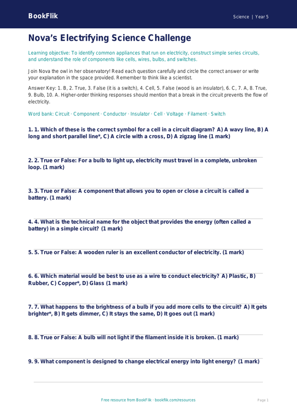 Free Electricity Quiz | Year 5 Greater Depth | BookFlik worksheet preview — Science Electricity