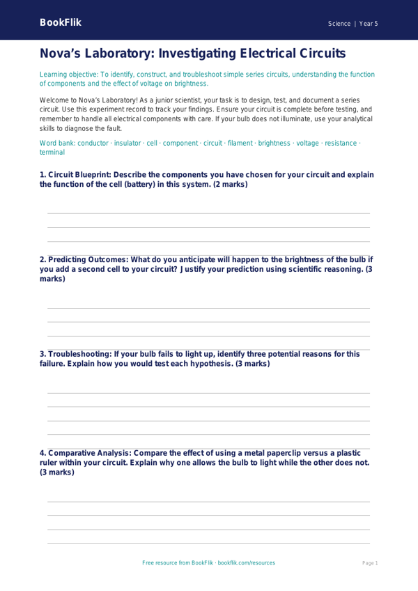 Free Electricity Template | Year 5 Greater Depth | BookFlik worksheet preview — Science Electricity