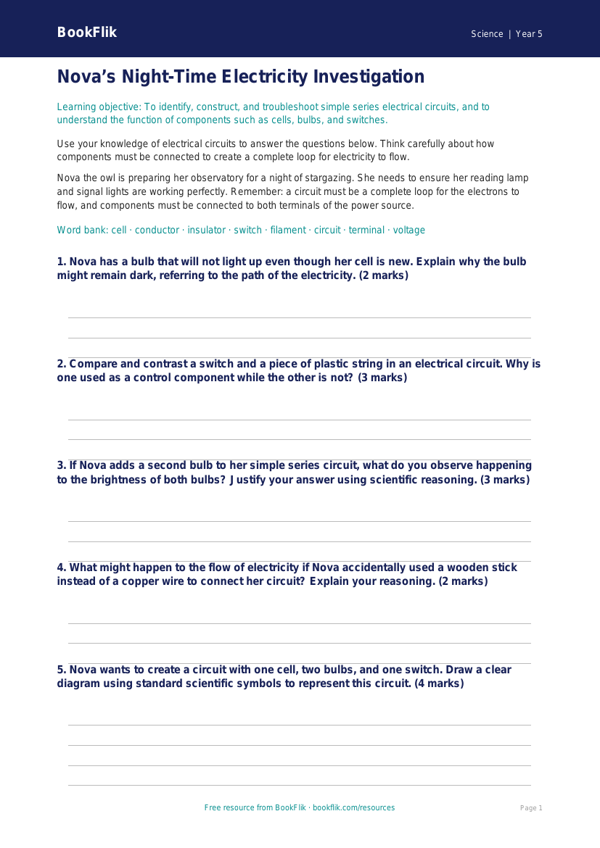 Free Electricity Worksheet | Year 5 Greater Depth | BookFlik worksheet preview — Science Electricity
