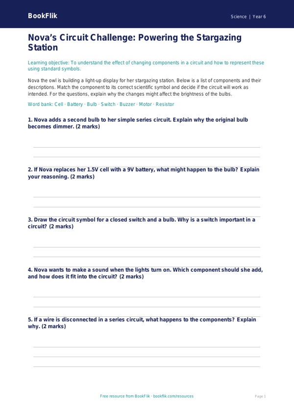 Free Electricity Activity Sheet | Year 6 Core | BookFlik worksheet preview — Science Electricity