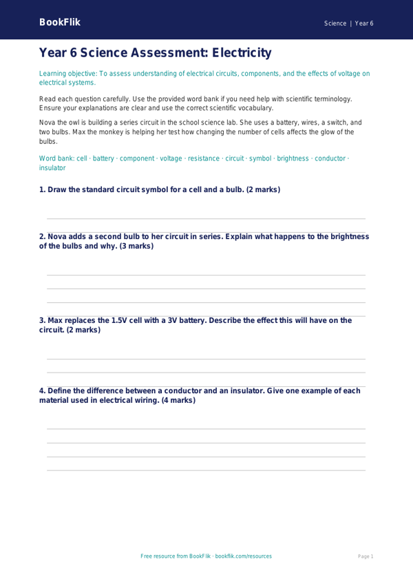Free Electricity Assessment | Year 6 Core | BookFlik worksheet preview — Science Electricity