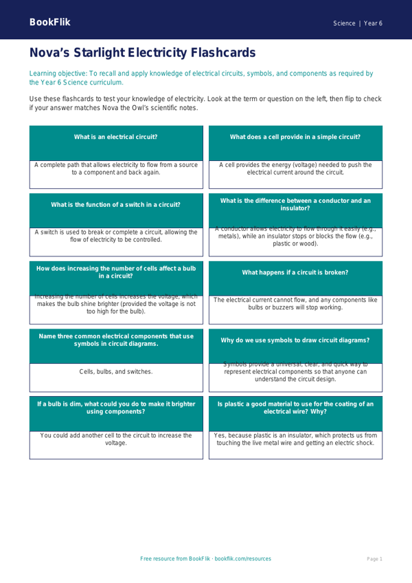 Free Electricity Flashcards | Year 6 Core | BookFlik worksheet preview — Science Electricity