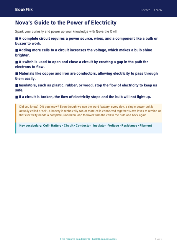 Free Electricity Poster | Year 6 Core | BookFlik worksheet preview — Science Electricity