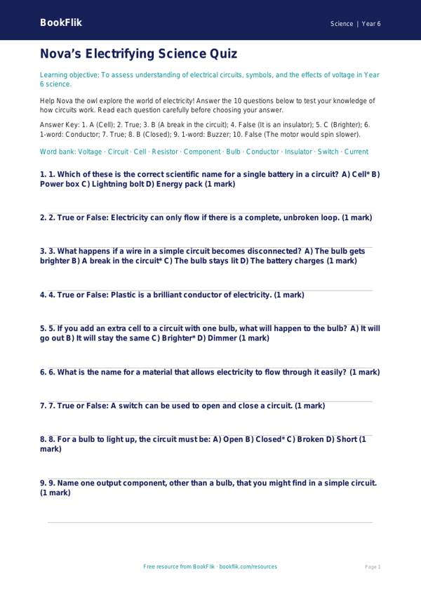 Free Electricity Quiz | Year 6 Core | BookFlik worksheet preview — Science Electricity