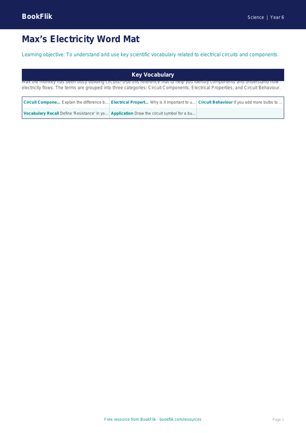 Free Electricity Word Mat | Year 6 Core | BookFlik worksheet preview — Science Electricity