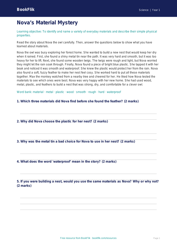 Free Everyday Materials Comprehension | Year 1 Core | BookFlik worksheet preview — Science Everyday Materials