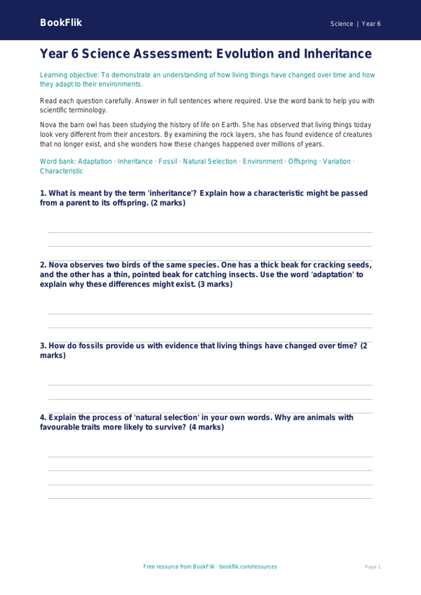 Free Evolution Assessment | Year 6 Core | BookFlik worksheet preview — Science Evolution