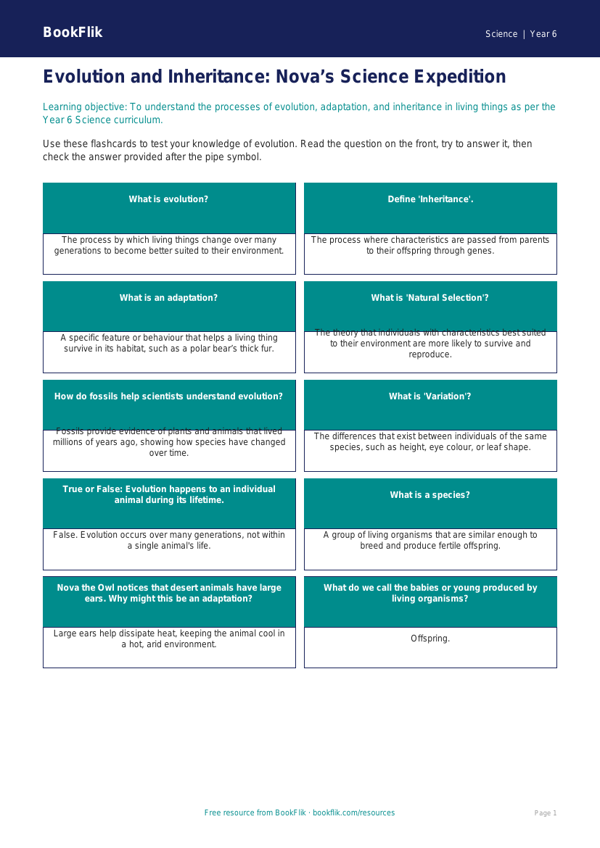 Free Evolution Flashcards | Year 6 Core | BookFlik worksheet preview — Science Evolution