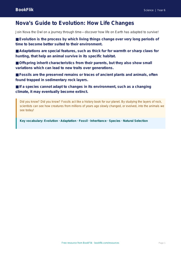 Free Evolution Poster | Year 6 Core | BookFlik worksheet preview — Science Evolution