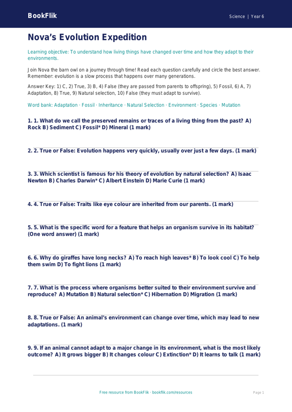 Free Evolution Quiz | Year 6 Core | BookFlik worksheet preview — Science Evolution