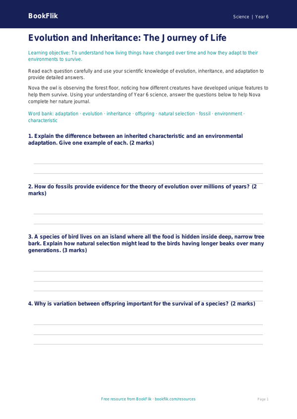 Free Evolution Worksheet | Year 6 Core | BookFlik worksheet preview — Science Evolution