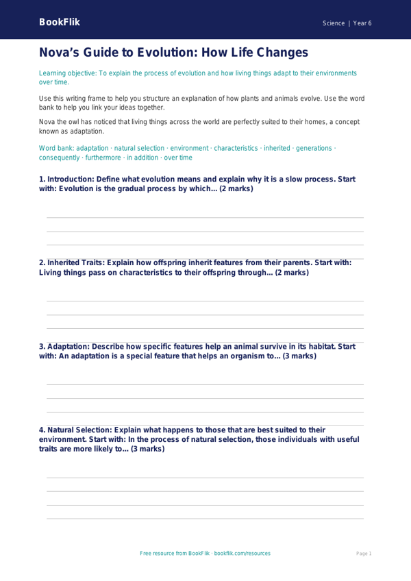 Free Evolution Writing Frame | Year 6 Core | BookFlik worksheet preview — Science Evolution