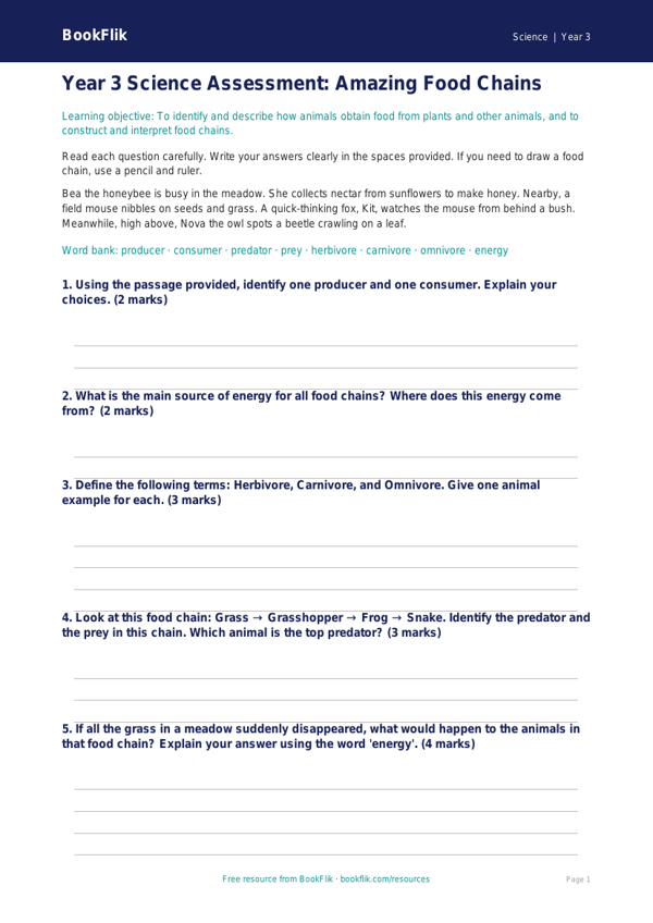 Free Food Chains Assessment | Year 3 Core | BookFlik worksheet preview — Science Food Chains