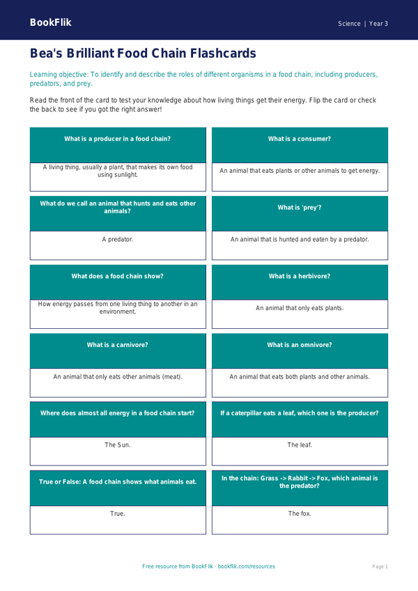 Free Food Chains Flashcards | Year 3 Science | BookFlik worksheet preview — Science Food Chains