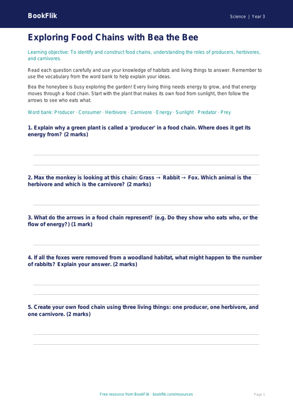 Free Food Chains Worksheet | Year 3 Science | BookFlik worksheet preview — Science Food Chains