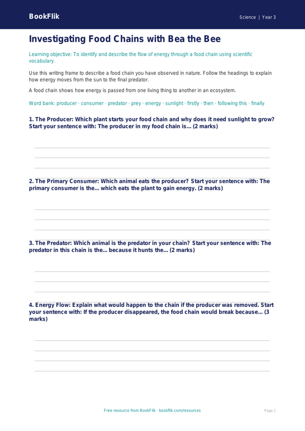 Free Food Chains Writing Frame | Year 3 Science | BookFlik worksheet preview — Science Food Chains