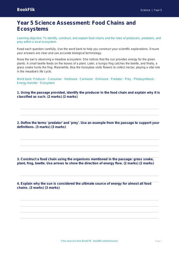 Free Food Chains Assessment | Year 5 Greater Depth | BookFlik worksheet preview — Science Food Chains