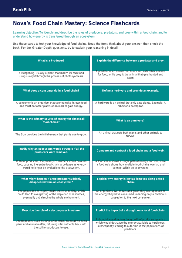 Free Food Chains Flashcards | Year 5 Greater Depth | BookFlik worksheet preview — Science Food Chains