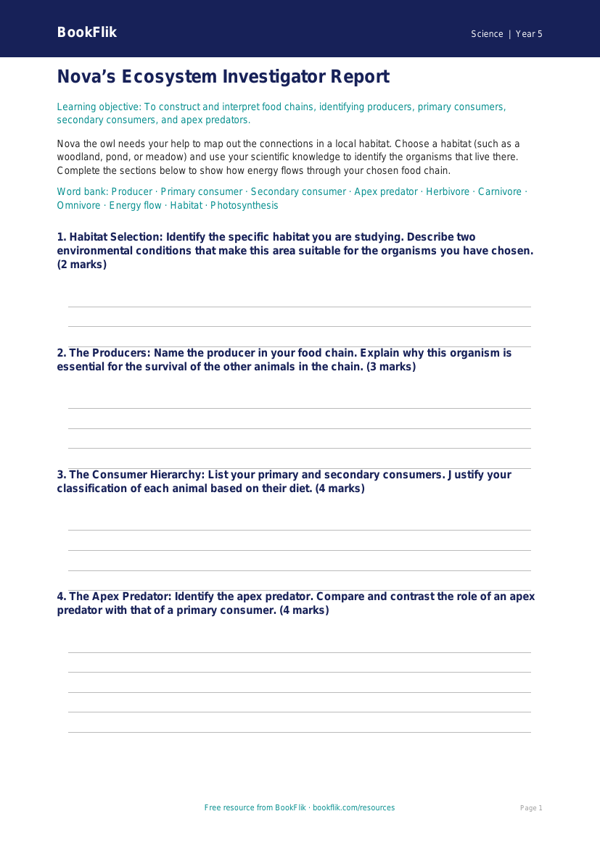 Free Food Chains Template | Year 5 Greater Depth | BookFlik worksheet preview — Science Food Chains