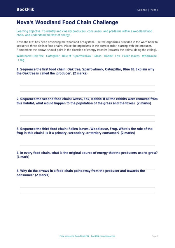 Free Food Chains Activity Sheet | Year 6 Core | BookFlik worksheet preview — Science Food Chains