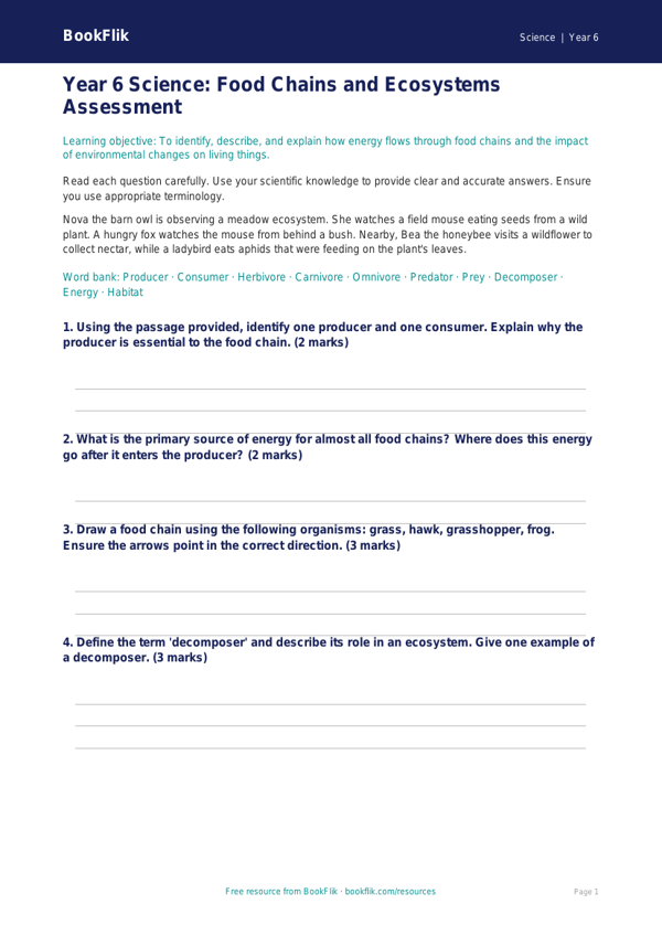 Free Food Chains Assessment | Year 6 Core | BookFlik worksheet preview — Science Food Chains