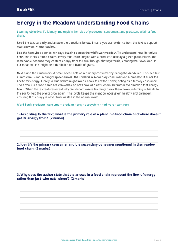 Free Food Chains Comprehension | Year 6 Science | BookFlik worksheet preview — Science Food Chains
