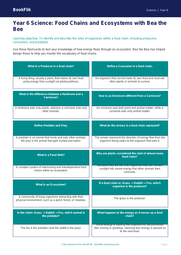 Free Food Chains Flashcards | Year 6 Core | BookFlik worksheet preview — Science Food Chains