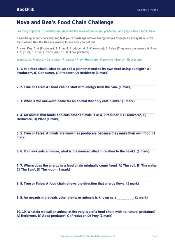 Free Food Chains Quiz | Year 6 Core | BookFlik worksheet preview — Science Food Chains